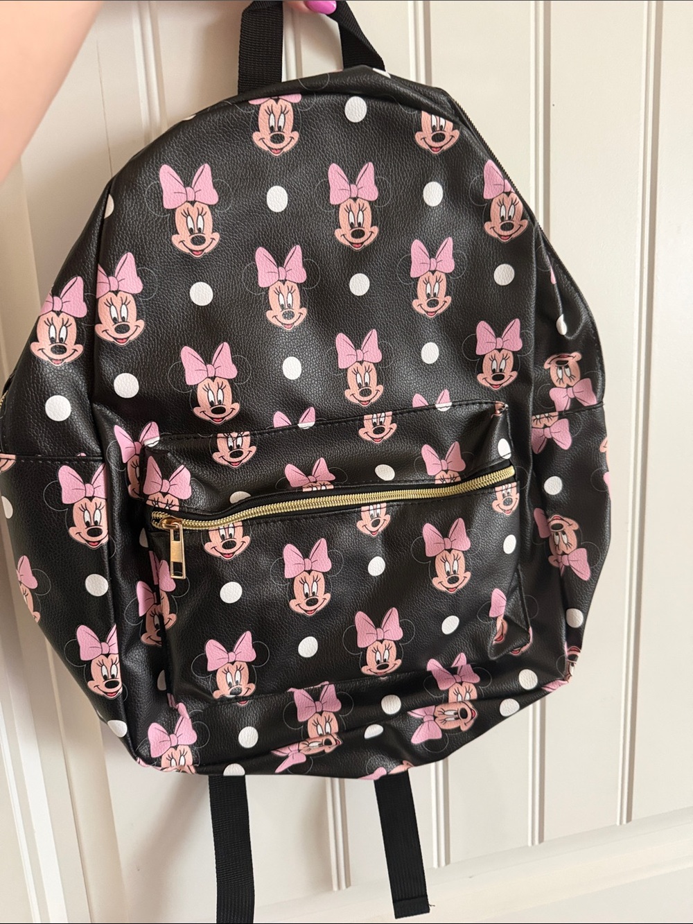 Disney Black Backpack with Pink Minnie Faces and White Polka Dots